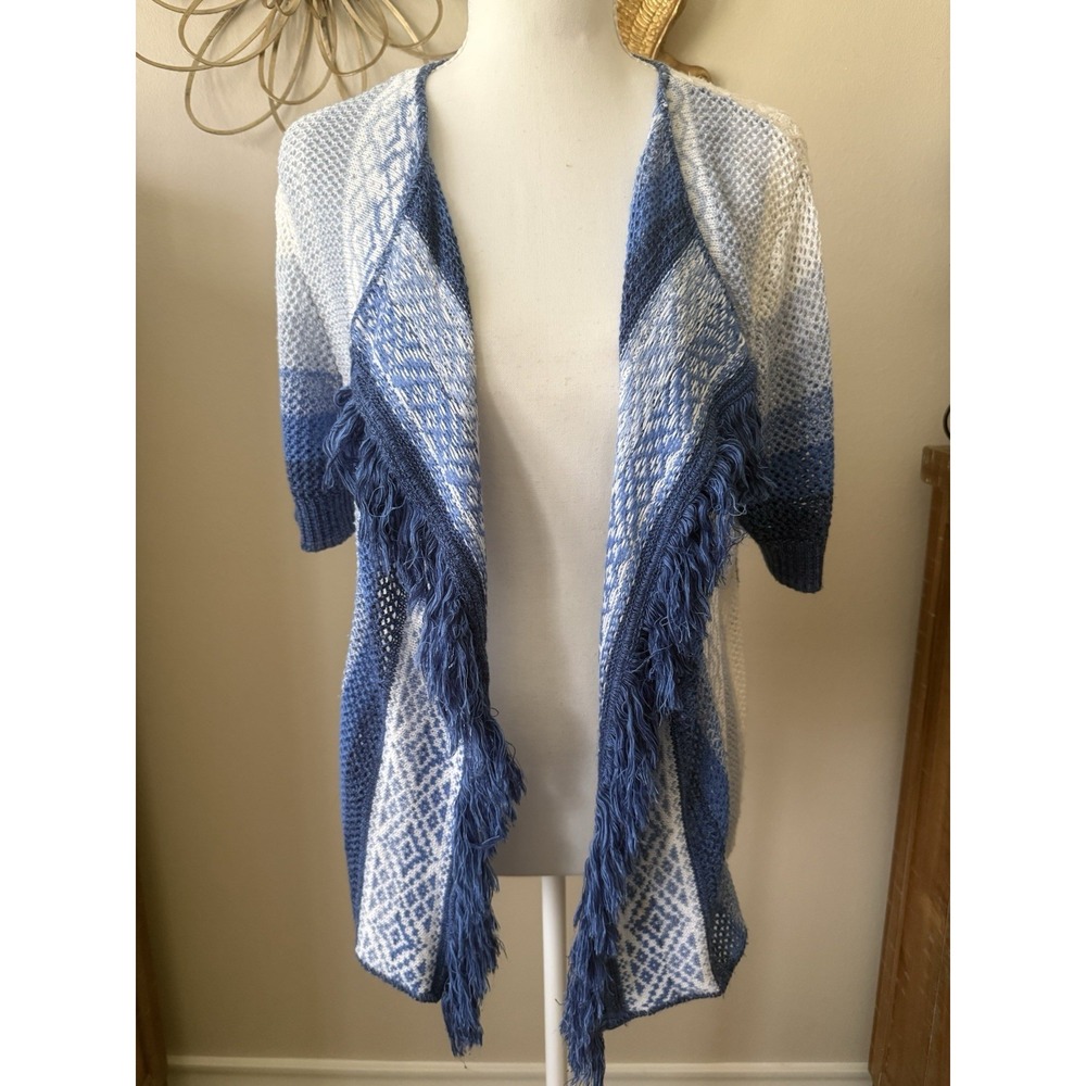 Ruby Rd Blue Ombre Fringe Open Front Knit Cardigan Sweater Women's M Boho